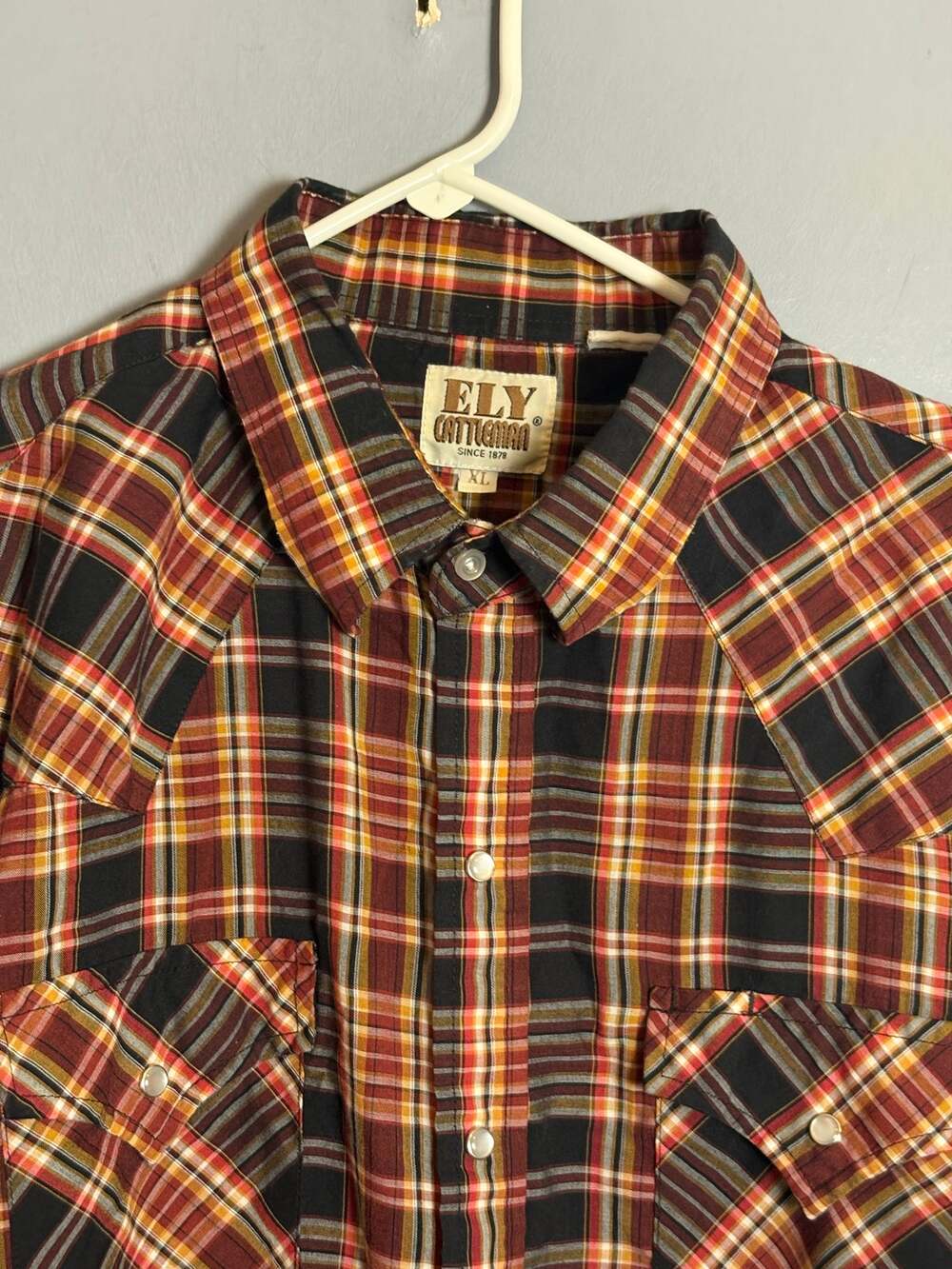 Ely Cattleman Mens XL Western Pearl Snap Shirt Red Black Plaid Long Sleeve